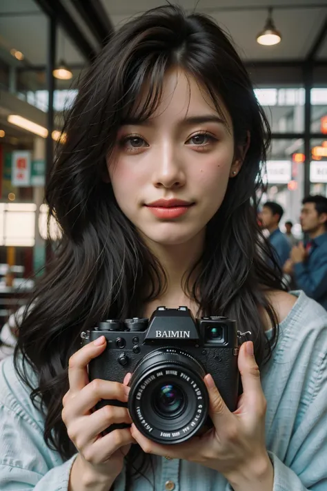 a woman holding a camera up to her face with a smile on her face and a hand on her face,1girl,solo,camera,looking at viewer,long hair,holding,realistic,lips,holding camera,brown hair,black eyes,blurry,upper body,blurry background,fingernails,bangs,black hair,parted lips,long sleeves,nose,smile,
Best quality,masterpiece,ultra high res,<lora:chaoren 1:0.6>,