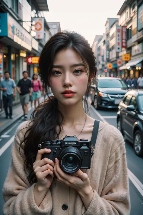 a woman holding a camera in front of her face on a street corner with cars behind her and a building, 1girl, ground vehicle, car, camera, motor vehicle, solo, realistic, long hair, looking at viewer, black hair, lips, blue eyes, photo background, outdoors, blurry, real world location, road, holding, street, ponytail, brown hair, polka dot, holding camera,
Best quality,masterpiece,ultra high res,<lora:chaoren 1:0.6>,