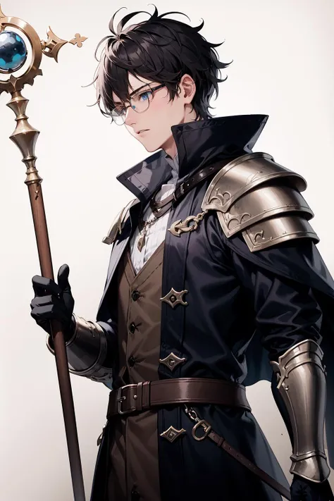 (AS-Adult:1.3), mature male, masterpiece, best quality, dynamic lighting , (bangs:1.2), black hair, (messy hair:1.2), ((circle-frame eyeware:1)), blue eyes, glasses, (black coat:1.3), brown trim, (mature male:1.3), fantasy, sorcerer, grey sash, partially undone, toned, sage (fire:0.5 emblem), thick hair, cape:1, solo, brown vest, adult male, solo, (pauldrons:1), mantle, holding staff,  holding book, spaulders, shoulder armor,