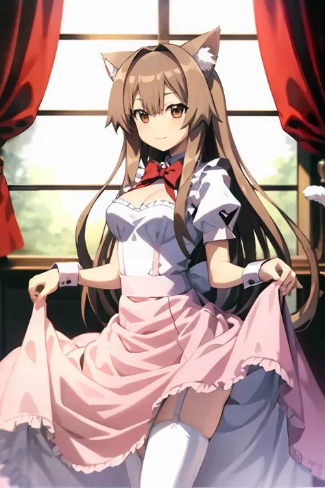masterpiece, best quality, <lora:sun:1>,1girl, solo, animal ears, thighhighs, tail, cat ears, maid, bell, clothes lift, skirt lift, cat tail, long hair, brown hair, skirt, garter belt