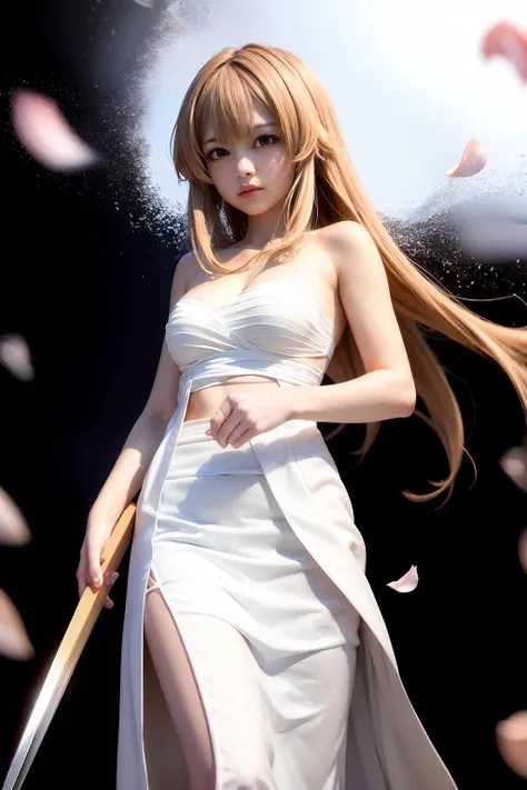 masterpiece, best quality, <lora:sun:1>,1girl, solo, brown hair, long hair, white sarashi, weapon, sword, brown eyes, white japanese clothes, bare shoulders,white dress,long dress, white kimono, petals, cleavage, breasts, white katana