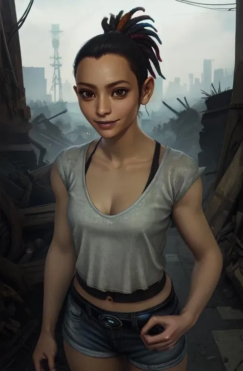yukabd, black hair, ponytail, brown eyes,
white shirt, under vest, shorts,
standing, upper body, smile,
cyberpunk, motel,
(insanely detailed, beautiful detailed face,beautiful detailed eyes, masterpiece, best quality)
<lora:YukaBD:0.8>