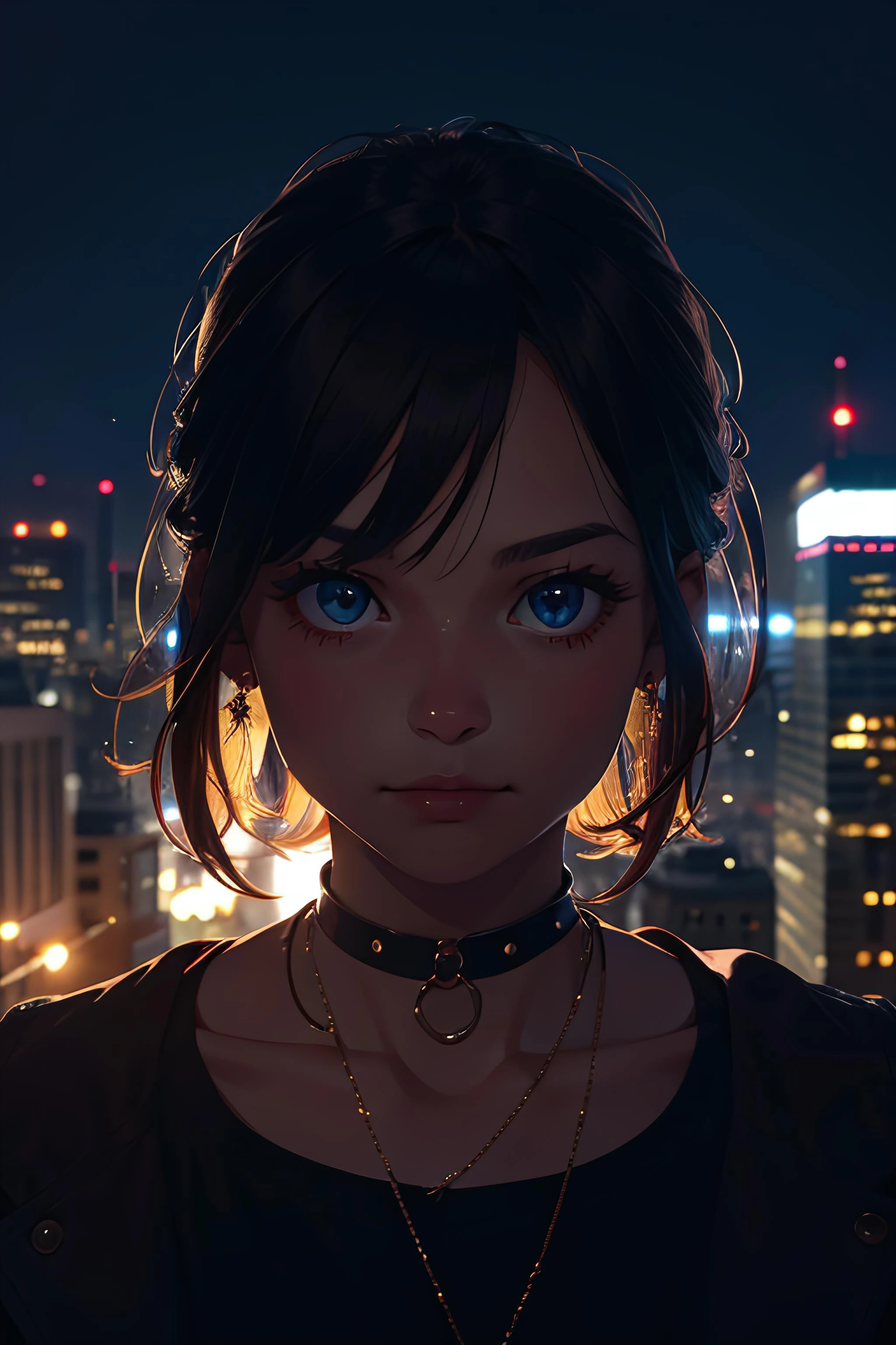 1girl, a young woman, choker, (looking at viewer, detailed jewelry, close portrait), city, (nighttime, backlit), (pov:1.2)
