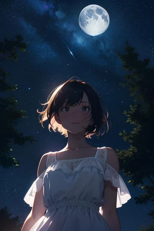 1girl, short hair, standing, looking at viewer, windy, hair blowing in the wind, (nighttime, moon, stars), from below, portrait, backlit, (white dress), looking at viewer