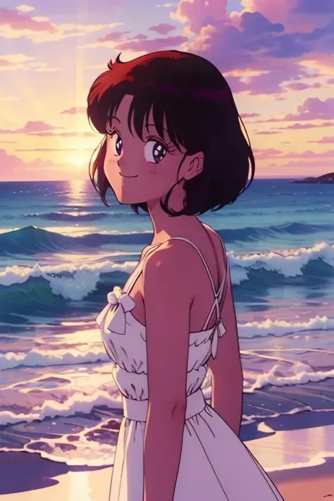 (<lora:smv-10>:1), 1girl, short hair, beach, ocean, dusk, sunset, portrait, backlit, (white sundress), (smiling, looking at viewer:1.2), side view