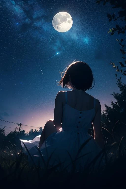 1girl, short hair, sitting, on knees, windy, hair blowing in the wind, (nighttime, moon, stars), from below, portrait, backlit, (white dress), looking at viewer