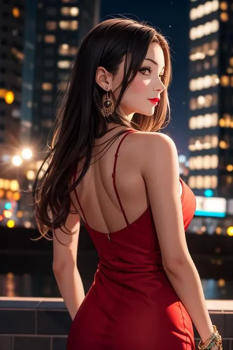 1girl, (red sleeveless dress, detailed jewelry), (portrait, backlit:1.2), (city, nighttime:1.2), posing for photo, long hair, lipstick