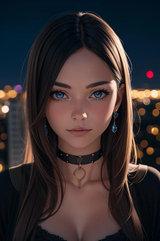 1girl, a young woman, choker, (looking at viewer, detailed jewelry, close portrait), city, (nighttime, backlit), (pov:1.2)