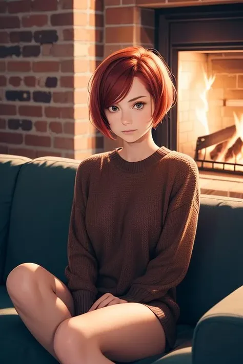 1girl, a young woman, (short hair, pixie cut:1.2), wearing a thick sweater, (redhead:1.2), (couch:1.2), (indoors), sitting by fireplace