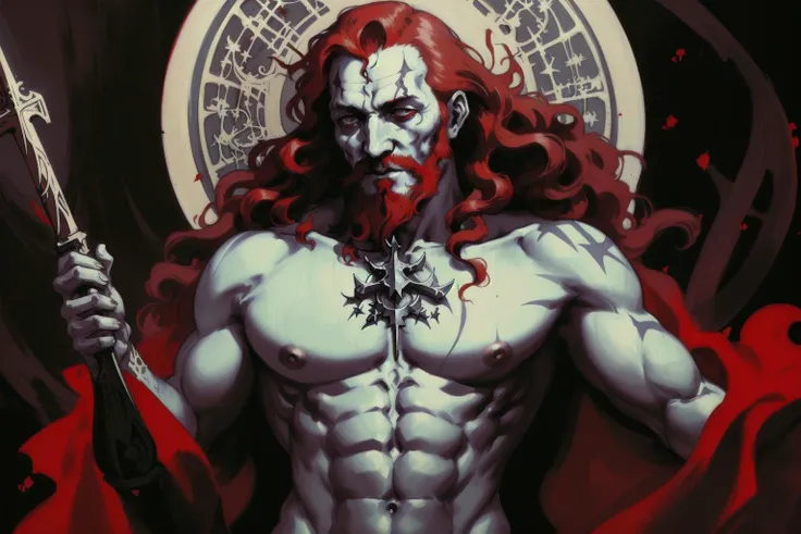 by Paul Chabas, Ambrosius Benson, Dark,close up of a buff Prussian ashenhard style of Greed, Red hair, Sharp and in focus, Movie still, still, Canon R5, F/5, Cinestill, professional