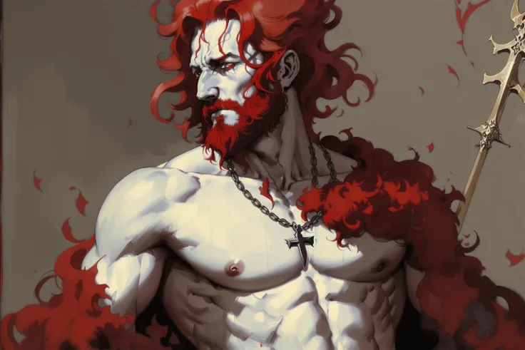 by Paul Chabas, Ambrosius Benson, Dark,close up of a buff Prussian ashenhard style of Greed, Red hair, Sharp and in focus, Movie still, still, Canon R5, F/5, Cinestill, professional