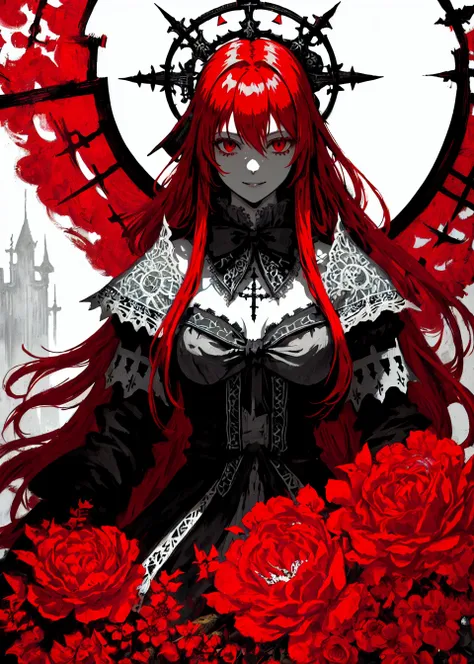 ashenhard style,ultra-detailed,highres,intricate detail,(best quality:1.2),(masterpiece:1.2),wallpaper,illustration,original,1girl,solo,upper body,red bow,smile,eyeliner,long hair, red hair,bangs,hair between eyes,simple background