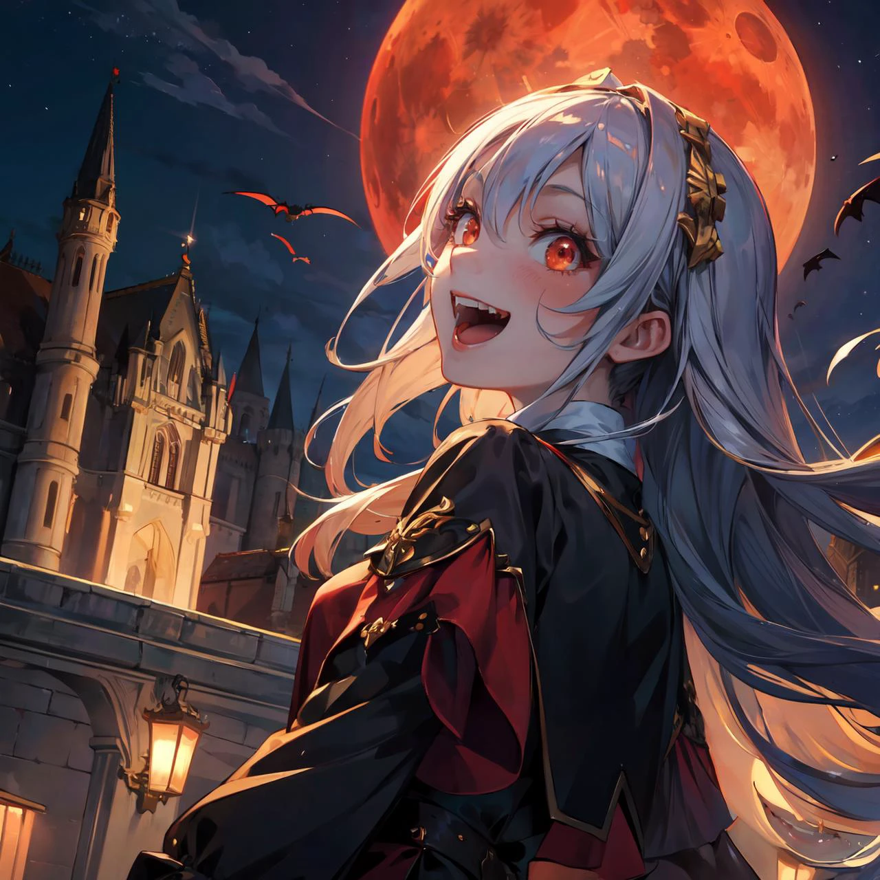 ultra detailed,(masterpiece, best quality), 1girl, best quality,
, 1girl,Vampire girl, Laughing wildly at the sky, showing fangs, red moon, night sky, ancient castle in the background,golden hair
,crazy,very cracy,<lora:Ahegaoo:0.8>
<lora:add_detail:0.6>