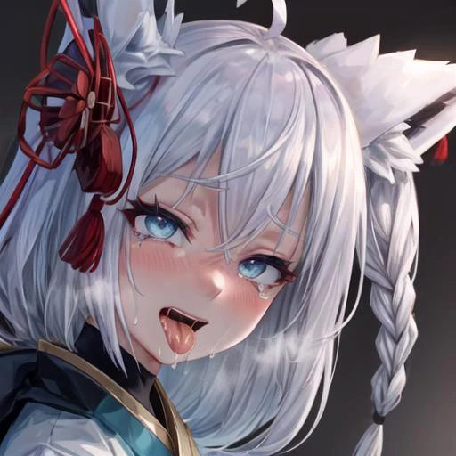 kimono1, <lora:fubuker1:1>, white hair, fox girl, short hair, small braid on right side of her face,medium breasts,,
nsfw, panting, ahegao,rolling eyes,blush,tongue out,drooling,saliva,blush, full blush,,tears, shy, smile <lora:Ahegaoo:0.5>, ((face focus, face close-up))
(8k uhd, extremely detailed CG unity 8k wallpaper, masterpiece, (((best quality))), ultra-detailed, beautiful detailed eyes:1.2), (((extremely detailed))), highly detailed, beautiful, small details, ultra detailed, best quality, intricate, 4k, 8k, trending on artstation, good anatomy, beautiful lighting, award-winning, absurdres), <lora:more_details:0.5>,, <lora:breastinClass:0.3>, studio lighting, professional lighting, well-lit,,,