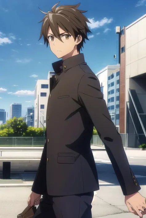takashikomuro, <lora:takashi komuro s1-lora-nochekaiser:1>,
takashi komuro, short hair, brown hair, black hair, (brown eyes:1.5), male focus,
BREAK school uniform, black jacket, gakuran,
BREAK outdoors, city, zombies, sun, sky, clouds, cars,
BREAK looking at viewer, (cowboy shot:1.5),
BREAK <lyco:GoodHands-beta2:1>, (masterpiece:1.2), best quality, high resolution, unity 8k wallpaper, (illustration:0.8), (beautiful detailed eyes:1.6), extremely detailed face, perfect lighting, extremely detailed CG, (perfect hands, perfect anatomy),