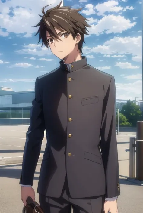 takashikomuro, <lora:takashi komuro s1-lora-nochekaiser:1>,
takashi komuro, short hair, brown hair, black hair, (brown eyes:1.5), male focus,
BREAK school uniform, black jacket, gakuran,
BREAK outdoors, city, zombies, sun, sky, clouds, cars,
BREAK looking at viewer, (cowboy shot:1.5),
BREAK <lyco:GoodHands-beta2:1>, (masterpiece:1.2), best quality, high resolution, unity 8k wallpaper, (illustration:0.8), (beautiful detailed eyes:1.6), extremely detailed face, perfect lighting, extremely detailed CG, (perfect hands, perfect anatomy),
