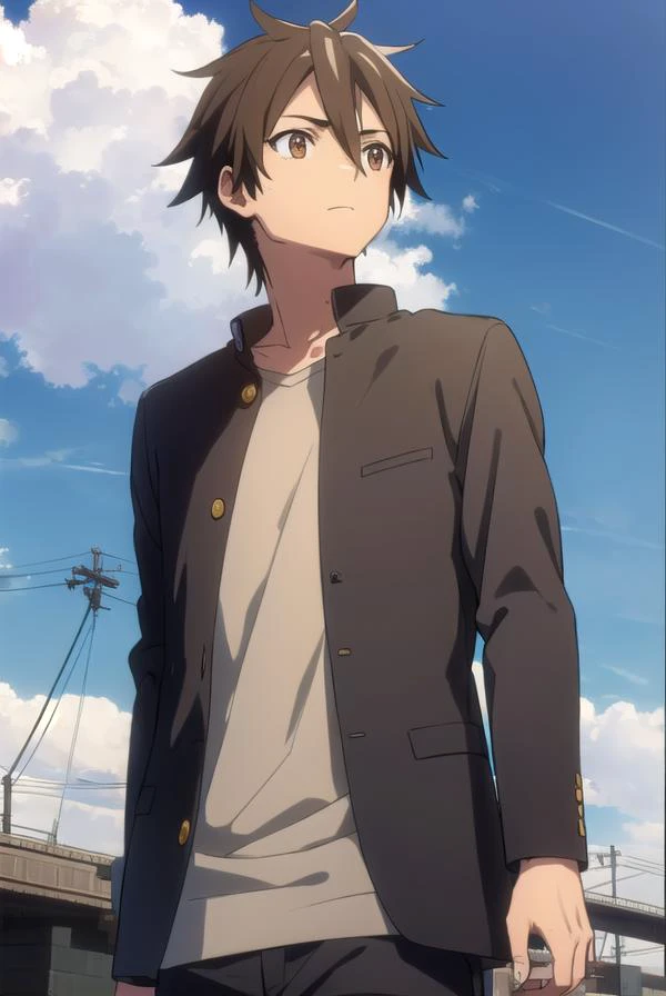 takashikomuro, <lora:takashi komuro s1-lora-nochekaiser:1>,
takashi komuro, short hair, brown hair, black hair, (brown eyes:1.5), male focus,
BREAK school uniform, black jacket, gakuran,
BREAK outdoors, city, zombies, sun, sky, clouds, cars,
BREAK looking at viewer, (cowboy shot:1.5),
BREAK <lyco:GoodHands-beta2:1>, (masterpiece:1.2), best quality, high resolution, unity 8k wallpaper, (illustration:0.8), (beautiful detailed eyes:1.6), extremely detailed face, perfect lighting, extremely detailed CG, (perfect hands, perfect anatomy),