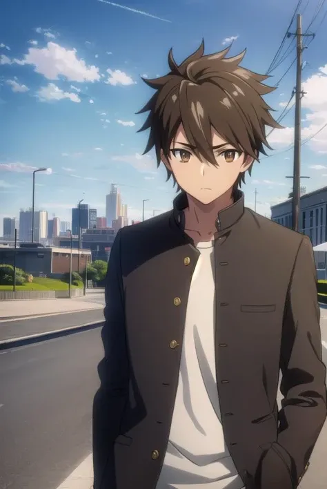 takashikomuro, <lora:takashi komuro s1-lora-nochekaiser:1>,
takashi komuro, short hair, brown hair, black hair, (brown eyes:1.5), male focus,
BREAK school uniform, black jacket, gakuran,
BREAK outdoors, city, zombies, sun, sky, clouds, cars,
BREAK looking at viewer, (cowboy shot:1.5),
BREAK <lyco:GoodHands-beta2:1>, (masterpiece:1.2), best quality, high resolution, unity 8k wallpaper, (illustration:0.8), (beautiful detailed eyes:1.6), extremely detailed face, perfect lighting, extremely detailed CG, (perfect hands, perfect anatomy),