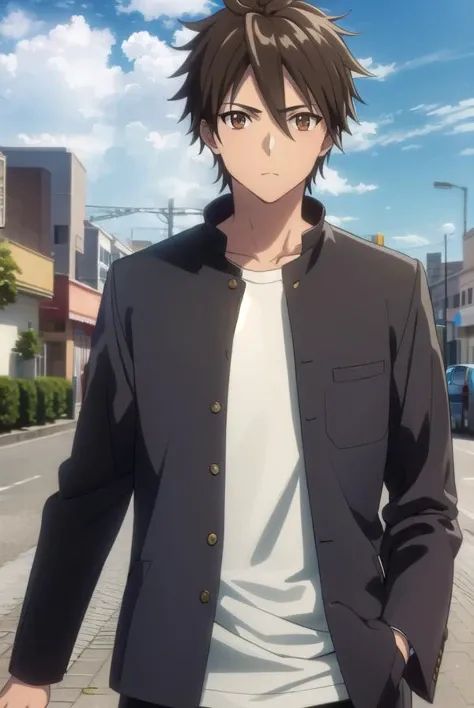 takashikomuro, <lora:takashi komuro s1-lora-nochekaiser:1>,
takashi komuro, short hair, brown hair, black hair, (brown eyes:1.5), male focus,
BREAK school uniform, black jacket, gakuran,
BREAK outdoors, city, zombies, sun, sky, clouds, cars,
BREAK looking at viewer, (cowboy shot:1.5),
BREAK <lyco:GoodHands-beta2:1>, (masterpiece:1.2), best quality, high resolution, unity 8k wallpaper, (illustration:0.8), (beautiful detailed eyes:1.6), extremely detailed face, perfect lighting, extremely detailed CG, (perfect hands, perfect anatomy),