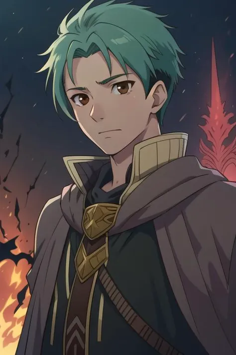 masterpiece, best quality, wallpaper, 1boy, solo, male focus, looking at viewer, , depth of field, anime coloring, realistic, <lora:mitsuhide_rouen:0.72>, mitsuhide_rouen, brown eyes, green hair, psycho costume, Mordor: A dark and evil land ruled by the dark lord Sauron, 16k resolution