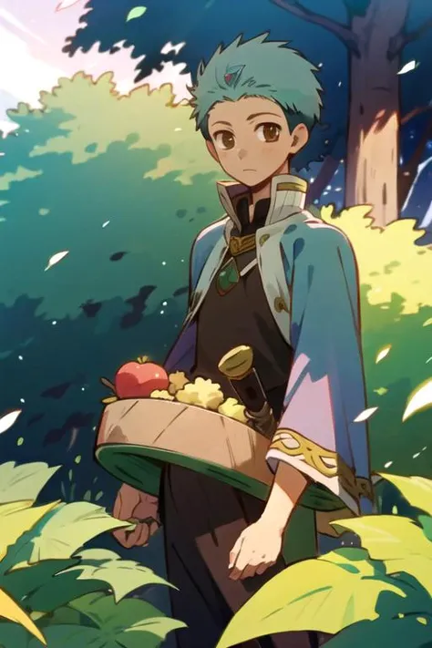 masterpiece, best quality, illustration, 1boy, solo, male focus, looking at viewer, , depth of field, ligne claire, , <lora:mitsuhide_rouen:0.74>, mitsuhide_rouen, brown eyes, blue hair, short hair, leprechaun costume, fairytale,