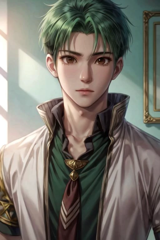 masterpiece, best quality, illustration, 1boy, solo, male focus, looking at viewer, upper body, , ligne claire, , <lora:mitsuhide_rouen:0.66>, mitsuhide_rouen, brown eyes, green hair, short hair, shirt, , ,