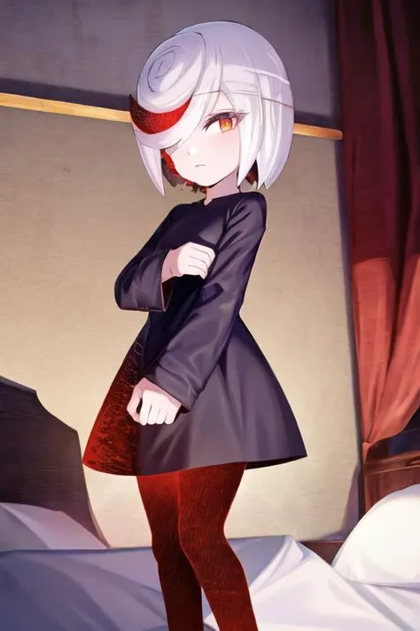 1girl, sageai, black dress, red legwear, clenched hands, expressionless, looking at viewer, factory <lora:sageai-mk2-final-nohc:1>