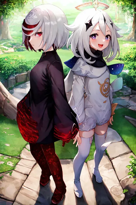 masterpiece, best quality, highres, ultra-detailed, 2girls, back-to-back ADDCOMM 
grasslands ADDBASE
sageai, black dress, red gloves, red legwear ADDCOL 
smile, open mouth, happy, thighhighs, paimon (genshin impact), long sleeves, white dress, dress, halo, thighhighs under boots, single thighhigh, bangs, boots, hair between eyes, white footwear,  white thighhighs, white hair