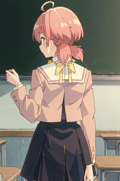 best quality, masterpiece, highres, solo, {koito_yuu_yagatekimininaru:1.15}, twintails, short_twintails, low_twintails, brown_eyes, ahoge, pink_hair, closed_mouth, yellow_bow, short_hair, yellow_ribbon, bangs, bow, ribbon, yellow_bowtie, hair_between_eyes, orange_hair, 1girl, from_behind, school_uniform, facing_away, indoors, skirt, black_skirt, long_sleeves, chalkboard