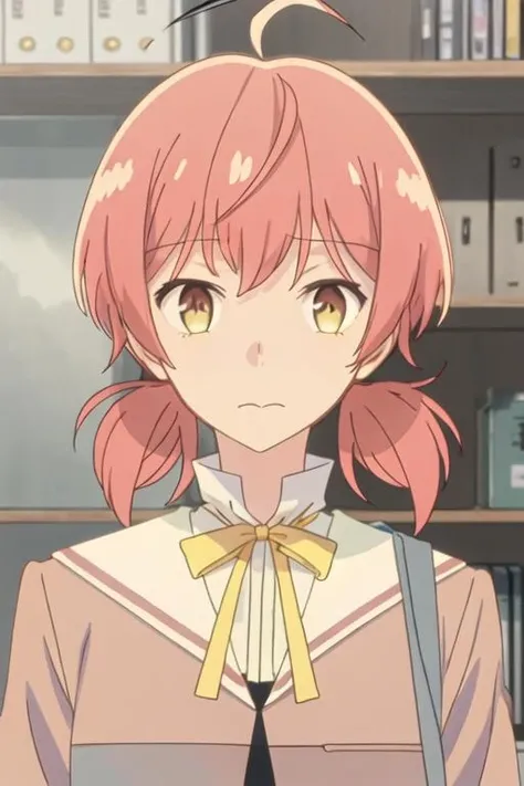 best quality, masterpiece, highres, solo, {koito_yuu_yagatekimininaru:1.15}, twintails, short_twintails, low_twintails, brown_eyes, ahoge, pink_hair, closed_mouth, yellow_bow, short_hair, yellow_ribbon, bangs, bow, ribbon, yellow_bowtie, hair_between_eyes, orange_hair
