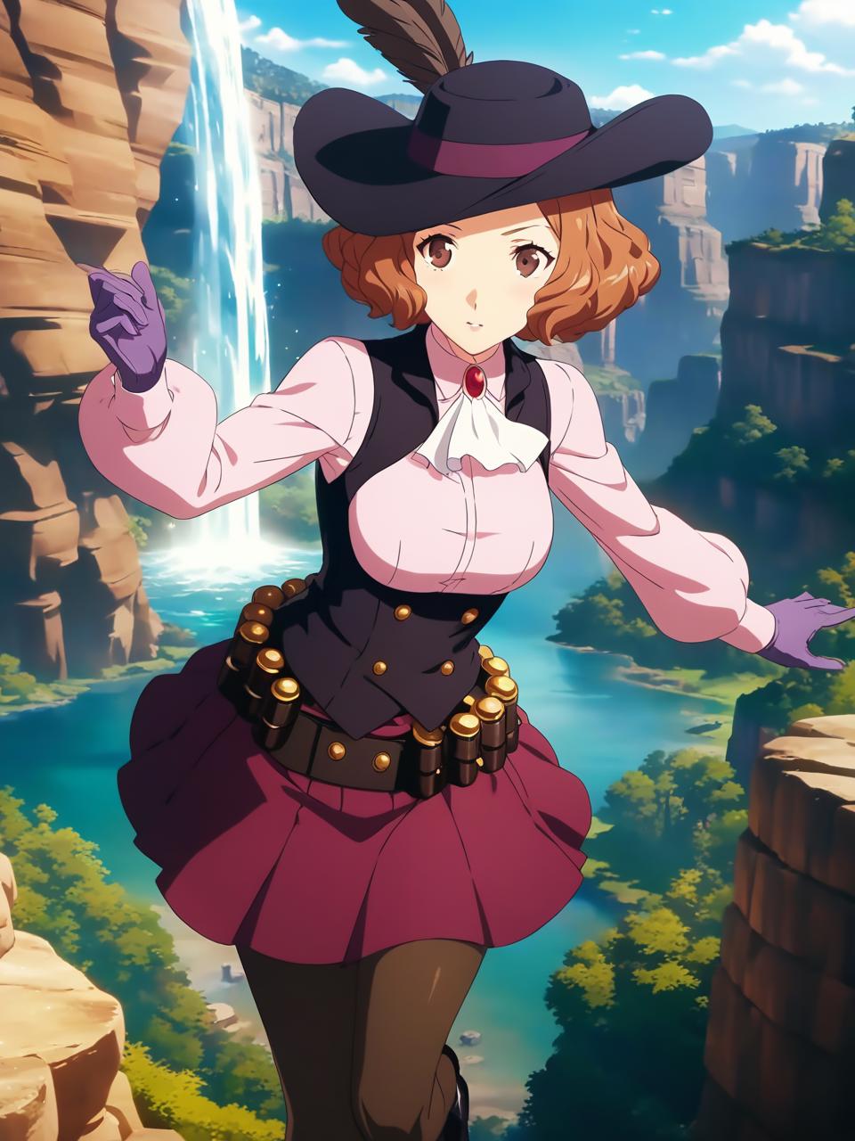 A woman in a hat and dress standing on a cliff - SeaArt AI