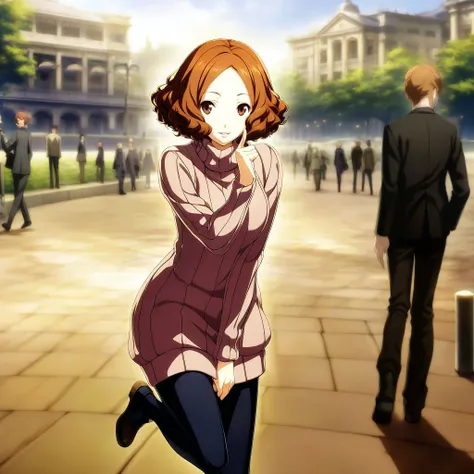 game cg,official art, 
rating: general
[general, sensitive,questionable,explicit:100]
newest,late,mid,early
[newest,late,mid,early,oldest:100]
turtleneck sweater,sweater dress, ribbed sweater, smile, parted lips, 
active,energetic, scenery, solo focus, standing on one leg, finger to cheek, 
masterpiece, best quality,high quality,  <lora:dsharu_a3b:0.8> _dsharu, brown hair, short hair, brown eyes