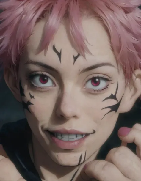 photograph jk3, 1boy, male focus, jujutsu kaisen, screencap, red eyes, tattoo, teeth, open mouth, pink hair, fingernails, tongue, fingers, looking at viewer, facial mark, smile, crazy eyes, extra eyes
 <lora:Jujutsu-Kaisen:.7>, 50mm . cinematic 4k epic detailed 4k epic detailed photograph shot on kodak detailed cinematic hbo dark moody, 35mm photo, grainy, vignette, vintage, Kodachrome, Lomography, stained, highly detailed, found footage