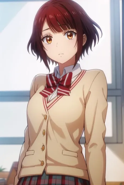 miyabiitou, <lora:miyabi itou s1-lora-nochekaiser:1>,
miyabi itou, short hair, brown hair, (brown eyes:1.3),
BREAK skirt, bow, school uniform, jacket, pleated skirt, plaid, plaid skirt, blazer,
BREAK indoors, classroom,
BREAK looking at viewer,
BREAK <lyco:GoodHands-beta2:1>, (masterpiece:1.2), best quality, high resolution, unity 8k wallpaper, (illustration:0.8), (beautiful detailed eyes:1.6), extremely detailed face, perfect lighting, extremely detailed CG, (perfect hands, perfect anatomy),