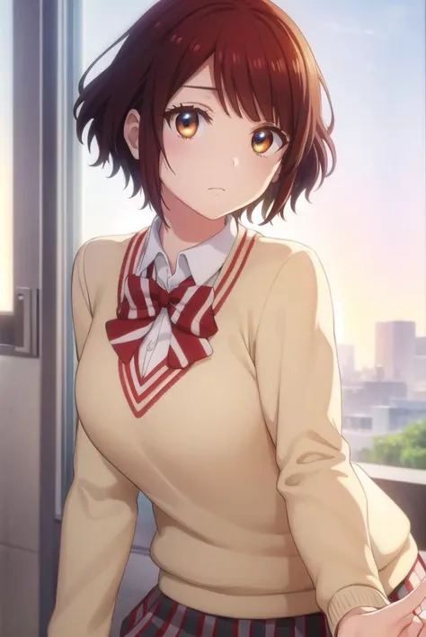 miyabiitou, <lora:miyabi itou s1-lora-nochekaiser:1>,
miyabi itou, short hair, brown hair, (brown eyes:1.3),
BREAK skirt, bow, school uniform, jacket, pleated skirt, plaid, plaid skirt, blazer,
BREAK indoors, classroom,
BREAK looking at viewer,
BREAK <lyco:GoodHands-beta2:1>, (masterpiece:1.2), best quality, high resolution, unity 8k wallpaper, (illustration:0.8), (beautiful detailed eyes:1.6), extremely detailed face, perfect lighting, extremely detailed CG, (perfect hands, perfect anatomy),