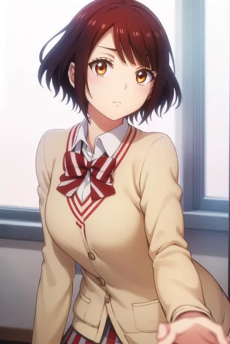 miyabiitou, <lora:miyabi itou s1-lora-nochekaiser:1>,
miyabi itou, short hair, brown hair, (brown eyes:1.3),
BREAK skirt, bow, school uniform, jacket, pleated skirt, plaid, plaid skirt, blazer,
BREAK indoors, classroom,
BREAK looking at viewer,
BREAK <lyco:GoodHands-beta2:1>, (masterpiece:1.2), best quality, high resolution, unity 8k wallpaper, (illustration:0.8), (beautiful detailed eyes:1.6), extremely detailed face, perfect lighting, extremely detailed CG, (perfect hands, perfect anatomy),