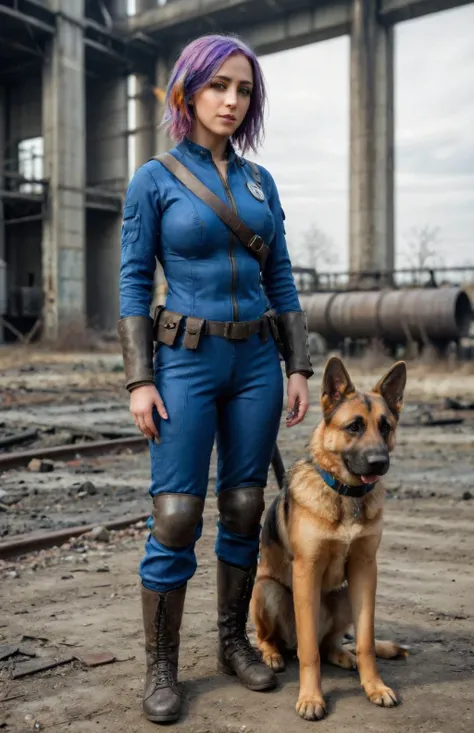 A full body photograph of a rainbow hair woman wearing a Vault Suit with Leather Armor in a abandoned power plant with a german shepherd <lora:Fallout_Vault_Suit-000008:0.5> <lora:PerfectEyesXL:0.8> perfecteyes