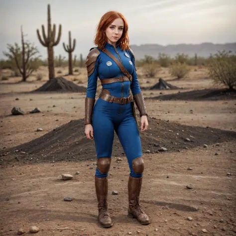 A full body photograph of a beautiful 20 year old red hair girl wearing a Vault Suit with Leather Armor in a desert wasteland <lora:Fallout_Vault_Suit-000008:0.6> <lora:Perfect Hands v2:0.75> Perfect Hands, perfect face