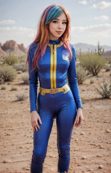 A full body photograph of a rainbow hair woman wearing a Vault Suit in a desert wasteland, <lora:Fallout_Vault_Suit-000008:0.5> <lora:DI_belle_delphine_sdxl_v1:0.65> Belle Delphine