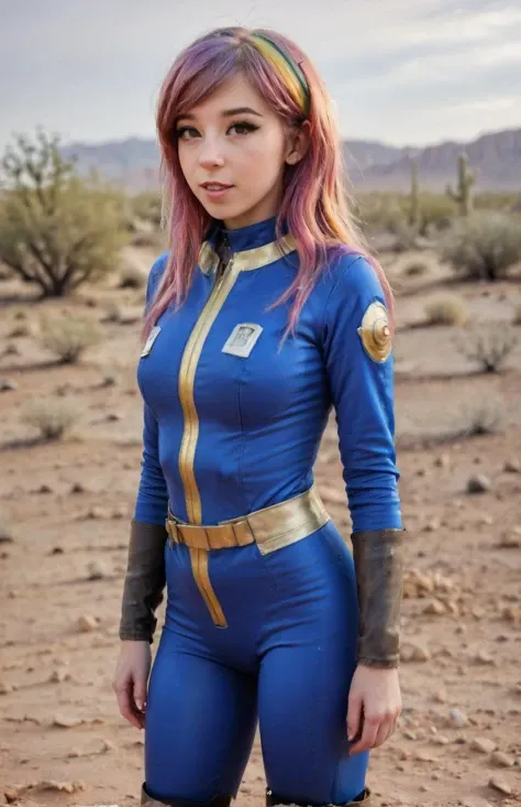 A full body photograph of a rainbow hair woman wearing a Vault Suit in a desert wasteland, <lora:Fallout_Vault_Suit-000008:0.5> <lora:DI_belle_delphine_sdxl_v1:0.65> Belle Delphine