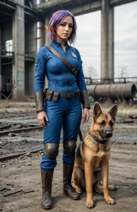A full body photograph of a rainbow hair woman wearing a Vault Suit with Leather Armor in a abandoned power plant with a german shepherd <lora:Fallout_Vault_Suit-000008:0.5> <lora:PerfectEyesXL:0.8> perfecteyes