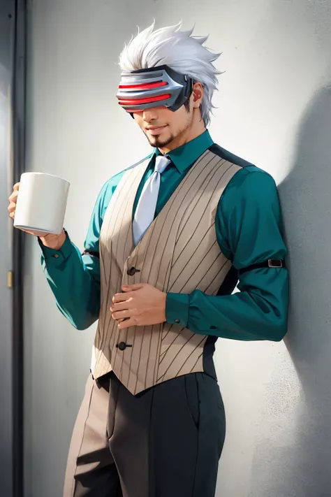 (masterpiece, best quality:1.2), cowboy shot, solo, male focus, 1boy, aagodot, mask, smile, looking at viewer, holding, mug, shirt, necktie, vest, pants <lora:aa_godot:1.0>