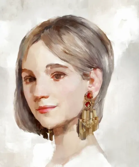 A digital painting of a younger woman with fancy earrings, a bob haircut, happy expression ((good brushwork)), dramatic lighting, <lora:DIG_JBX:1.8> DIG_JBX