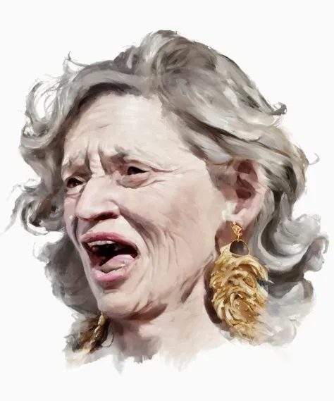 A digital painting of a middle aged woman with fancy earrings, wavy hair, mouth open ((good brushwork)), dramatic lighting, <lora:DIG_JBX:1.8> DIG_JBX