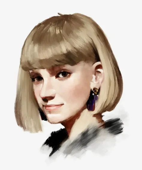 A digital painting of a younger woman with fancy earrings, a bob haircut, happy expression ((good brushwork)), dramatic lighting,  <lora:DIG_JBX:1.8> DIG_JBX