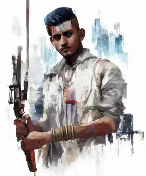 A digital painting of a young Indian man in a cyberpunk style ((good brushwork)), dramatic lighting,  <lora:DIG_JBX:1.8> DIG_JBX