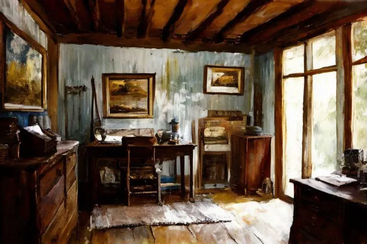 A digital painting of an old writing desk inside a wood cabin. On the wall there are many scientific notes including Feynman Diagrams, it is dark night and the scene is lighted by the viewer's tourch  ((good brushwork)), dramatic lighting <lora:DIG_JBX:1> DIG_JBX, A digital painting {whatever thing describes the work being used}, ((good brushwork)), dramatic lighting  <lora:DIG_JBX:1> DIG_JBX