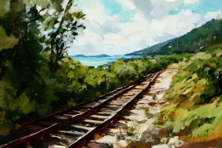 A digital painting of a old railway tracks running between evergreen trees, ends at a beach and ocean ((good brushwork)), <lora:DIG_JBX:1> DIG_JBX,, A digital painting {whatever thing describes the work being used}, ((good brushwork)), dramatic lighting <lora:DIG_JBX:1> DIG_JBX