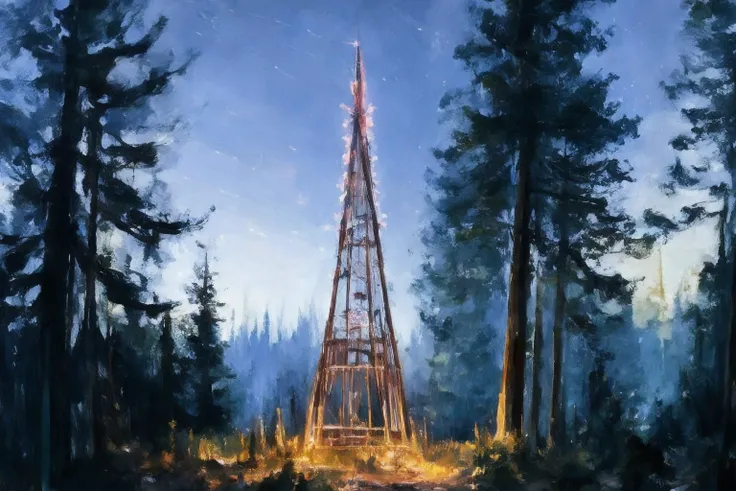 A digital painting of a crystal pylon, 6ft tall with a glowing shard atop, standing amid evergreen trees in a forest ((good brushwork)), dramatic lighting <lora:DIG_JBX:1> DIG_JBX, A digital painting {whatever thing describes the work being used}, ((good brushwork)), dramatic lighting  <lora:DIG_JBX:1> DIG_JBX