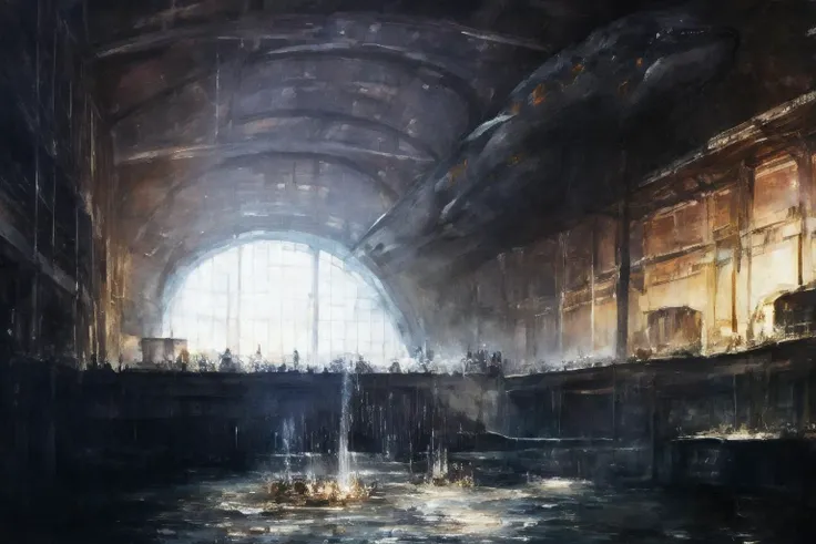 A digital painting of a giant whale creature inside a massive iron and glass tank, inside a dark warehouse lab ((good brushwork)), dramatic lighting <lora:DIG_JBX:1> DIG_JBX, A digital painting {whatever thing describes the work being used}, ((good brushwork)), dramatic lighting <lora:DIG_JBX:1> DIG_JBX